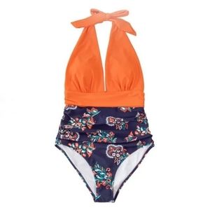Navy and Orange Floral V Beck Halter